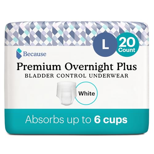 Because Premium Overnight Plus Pull Up Underwear - Extremely Absorbent, Soft & Comfortable Nighttime Leak Protection - White, Large - Absorbs 6 Cups - 20 Count