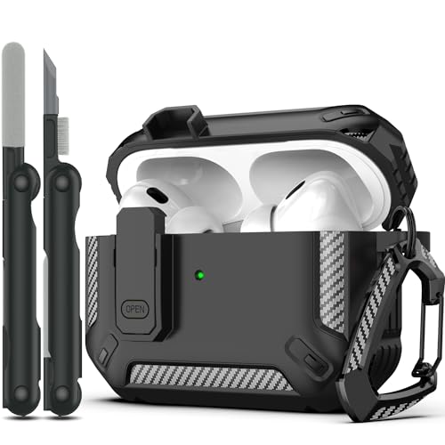RFUNGUANGO AirPods Pro 2nd Generation Case Cover with Cleaner Kit, Military Hard Shell Protective Armor with Lock for AirPod Gen 2 Charging Case 2023,2022, Front LED Visible,Black