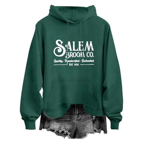 BLUBUKLKUN prime deals of the day today only Salem Hoodies for Women Broom Co.quality.. Est 1692 Letter Printed Loose Hooded Sweatshirt Casual Long (Green, XXL)
