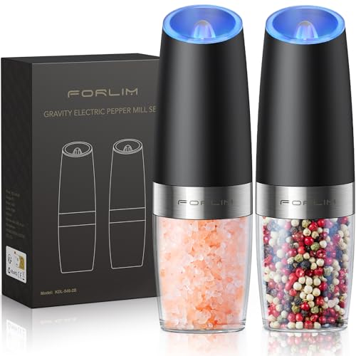 FORLIM Gravity Electric Salt and Pepper Grinder Set, Automatic Pepper Grinder Shakers Mill, Upgraded Batteries Powered Adjustable Coarseness with LED, One Hand Operation Perfect for Kitchen