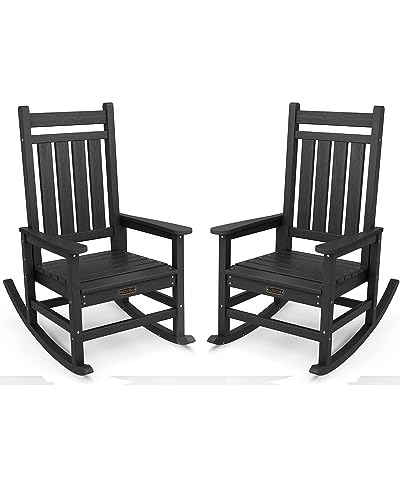 SERWALL Outdoor Rocking Chair Set of 2, HDPE Rocking Chairs for Adult, Black