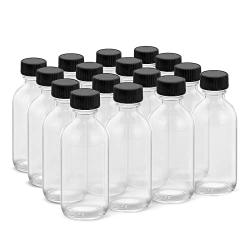 Rionisor 2OZ Small Glass Bottles with Lids and Funnels, 60ml Boston Round Glass Bottles, Mini Bottles, Perfect for Diy Essential Oils, Perfumes, Whiskey and Juices, 16 Pack Clear