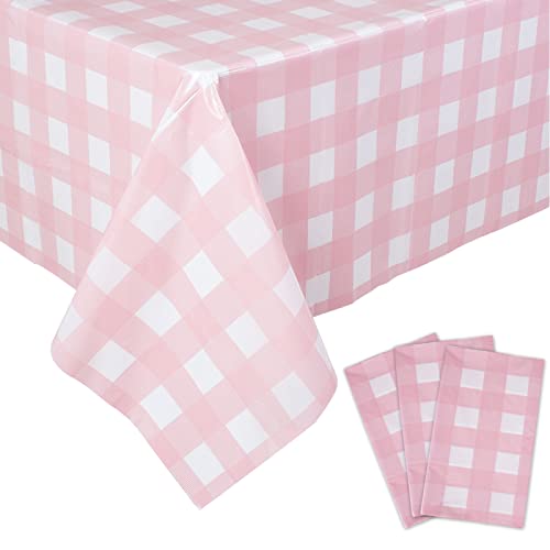 Kesfey 3 Packs Pink Gingham Tablecloth Pink and White Checkered Tablecloths 54 x 108 Inches Disposable Plastic Gingham Tablecovers Waterproof Rectangle Picnic Table Covers for Birthday Party Supplies