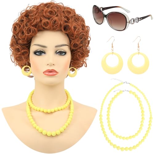 Bettecos Red Orange Curly Wig for Women Landlady Costume Short Reddish Orange Fluffy Synthetic Hair Wigs with Yellow Beads Necklace, Earrings, Glasses for Adults Women’s Cosplay Halloween Party