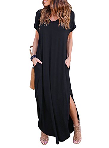 HUSKARY Womens Casual Pocket Beach Long Dress Short Sleeve Split Loose Maxi Dress, Black 01, X-Large