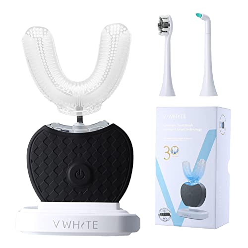 V-White Electric Ultrasonic Toothbrush Adults for Teeth Whitening - U-Shaped, 360° Mouth Cleansing, Hands free Gums Protection - Wireless Charging & LED Light - Waterproof IPX7 Certified