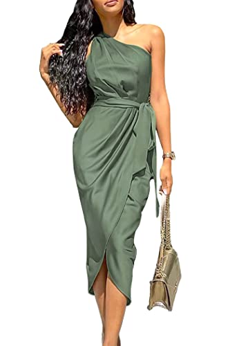 PRETTYGARDEN Women's 2024 Summer Ruched Bodycon Dress Sleeveless One Shoulder Wrap Satin Belted Cocktail Midi Dress(Army Green,Large)
