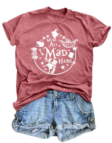 Alice in Wonderland Shirt Women Vacation Shirts We're All Mad Here Tshirt Mad Tea Party Shirt Cute Graphic Tee Tops Pink