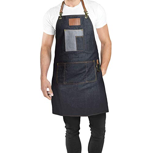 Betty Dain Brooklyn Denim, Cotton-Blend Apron, Adjustable Leather Straps, Front Pockets With Ample Storage, Machine Washable, One Size Fits Most, Blue