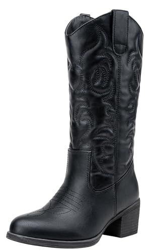 Vepose Women's 9801 Embroidered Embossed Cowboy Boots Western Cowgirl Boots,Black,Size 8M US-Pull On Tabs(CJY9801 Black 08)