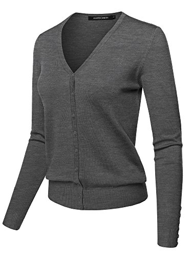 Light Weight Solid V-Neck Button Closure Long Sleeves Sweater Cardigan Charcoal 1XL