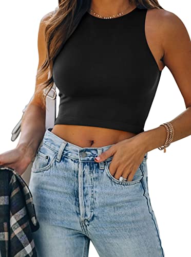 REORIA Women's Sexy Sleeveless High Neck Racerback Cropped Tank Tops Cute Teen Girls Halter Neck Crop Tops Vest Black Small