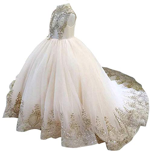 Gold Lace Flower Girls Pageant Dresses Long Puffy Prom Tulle Ball Gown Size 6