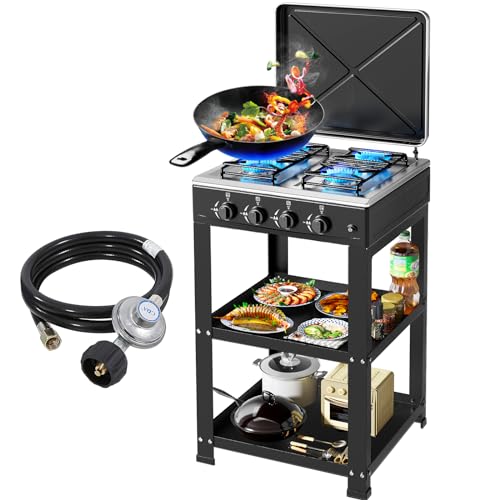 Propane Gas Stove-300000BTU Portable Gas Stove with Support Leg Stand and Wind Blocking Cover Adapter Auto Ignition Camping Stove 4 Burner LPG for RV, Apartment, Outdoor Cooking