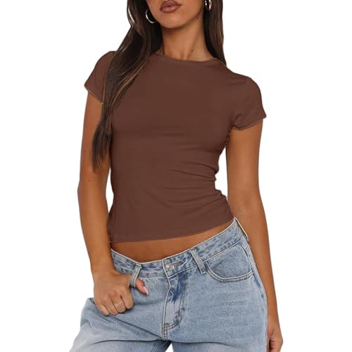 Dupes Y2k Going Out Crop Top Women Short Sleeve Basic Tops Crew Neck Solid Color Slim Fitted Tight T Shirt Trendy Summer Workout Skinny Tees (Brown, L)