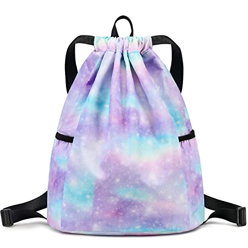 Ryushoyo Rainbow Galaxy Drawstring Backpack String Bag Lightweight Gym Bag Sackpack Sports Backpack for Women Girls Gym Shopping Sport Yoga Blue Purple