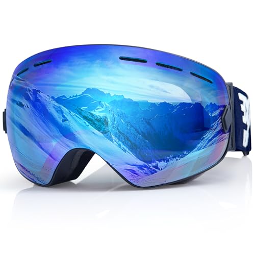 EXP VISION Snowboard Ski Goggles Men Women Youth, Anti Fog OTG Winter Snow Goggles Spherical Detachable Lens (Blue)
