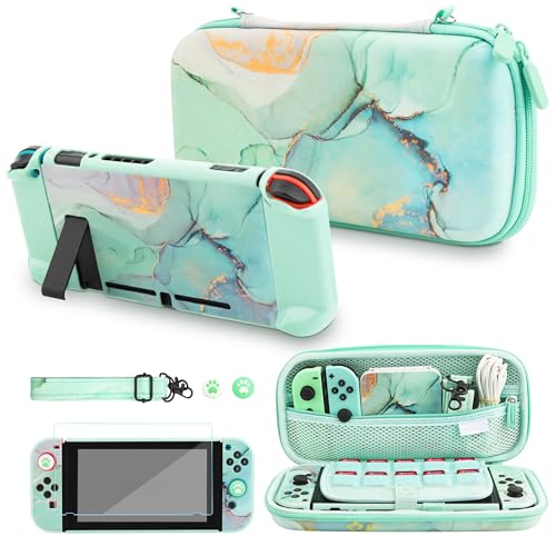 FUNDIARY Cute Carrying Case for Nintendo Switch, Shockproof Hard Shell Carry Case for Switch Console with TPU Cover Case, Screen Protector, 2 Thumb Grips and Adjustable Shoulder Strap(Green Marble)