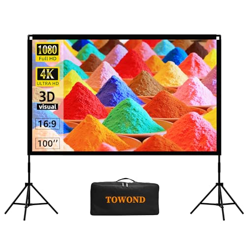 Projector Screen and Stand, Towond 100 inch Portable Movie Screen Indoor Outdoor 16:9 4K HD Front Rear Projection Screen with Carry Bag Wrinkle-Free and Foldable Design for Backyard Movie Night