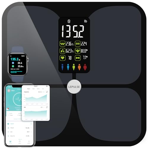 Scales for Body Weight and Fat, Lepulse Large Display Weight Scale, High Accurate Body Fat Scale Digital Bluetooth Bathroom Scale for BMI Heart Rate, 15 Body Composition Analyzer Sync with Fitness App