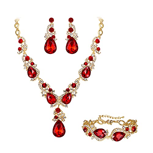 BriLove Wedding Bridal Jewelry for Women Multi Teardrop Cluster Crystal Statement Necklace Dangle Earrings Link Bracelet Set Ruby Color Gold-Tone