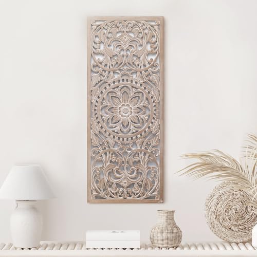 Boho Wall Art - Spiritual Mandala Decor | Wood Wall Hanging Decor | Large Carved Wood Panels For Wall | Wooden Wall Accents | Vertical Farmhouse Wall Art (Amara)