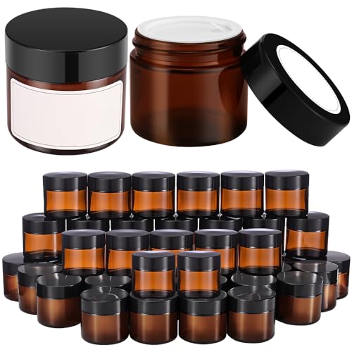 2 oz Small Glass Jars with Lids, Bumobum 48 pack Round Amber Glass Cream Jars with Black Lids, White Labels & Inner Liners, Empty Cosmetic Containers for Cream, Lotion, Candle