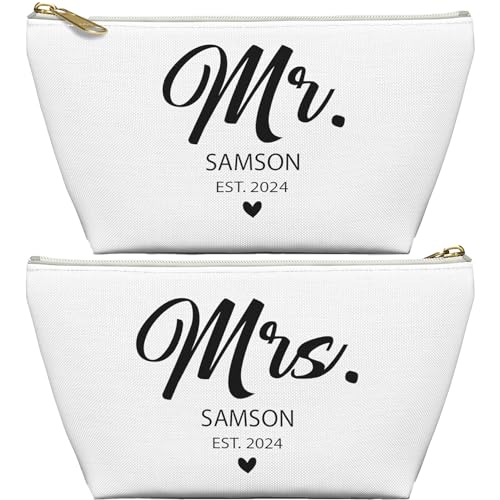 Mr. Mrs. Est. 2024 Accessories Zipper Pouch, Accessory Pouch w T-bottom Women Makeup Cosmetic Bags, Travel Bag Toiletry, Personalized Name Year Couple Anniversary Birthday Housewarming Wedding Gifts