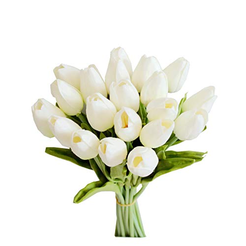 Mandy's 20pcs White Flowers Artificial Tulip Silk Fake Flowers 13.5' for Mother's Day Easter Valentine’s Day Gifts in Bulk Home Kitchen Wedding Decorations
