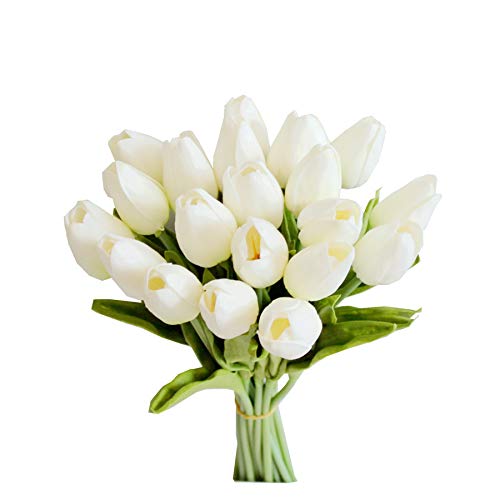 Mandy's 20pcs White Flowers Artificial Tulip Silk Fake Flowers 13.5' for Mother's Day Easter Valentine’s Day Gifts in Bulk Home kitchen Wedding Decorations