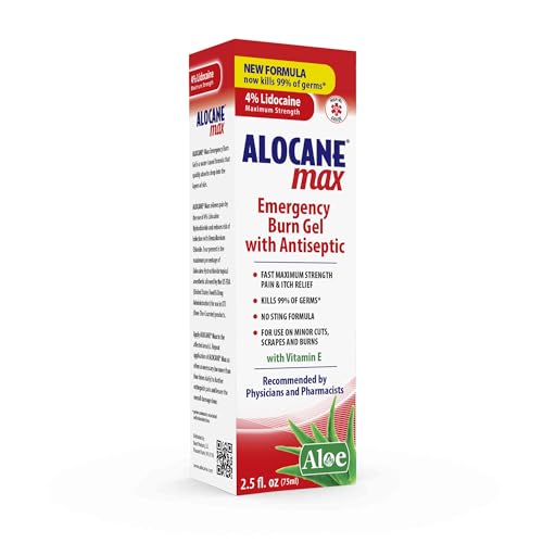 Alocane Emergency Burn Gel, 4% Lidocaine Maximum Strength Fast Pain and Itch Relief for Minor Burns, Sunburn, Kitchen, Radiation, Chemical, First Degree Burns, First Aid Treatment Burn Care 2.5 Fl Oz