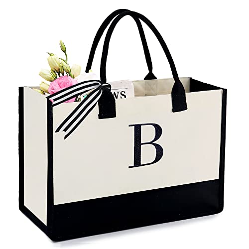 BeeGreen Fun Gifts for Women Her Teachers Bride To Be Gifts Office Gifts Womens Gift Ideas for Young Women Personalized Initial Canvas Tote Bag Unique Gifts For Her Friend Beach Bag Embroidery B