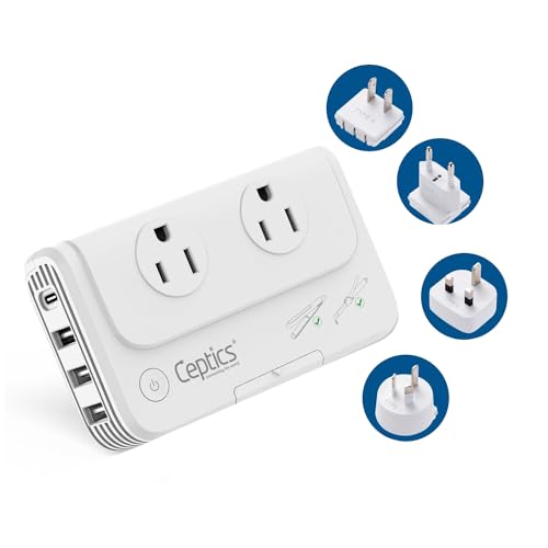 Ceptics 200 W Voltage Converter, Convert 220 V to 110V for Devices Like Curling Iron, Straightener, Chargers, Step Down World Power Plug - 4 USB PD 18W Fast Charging - EU/AU/UK/US Included