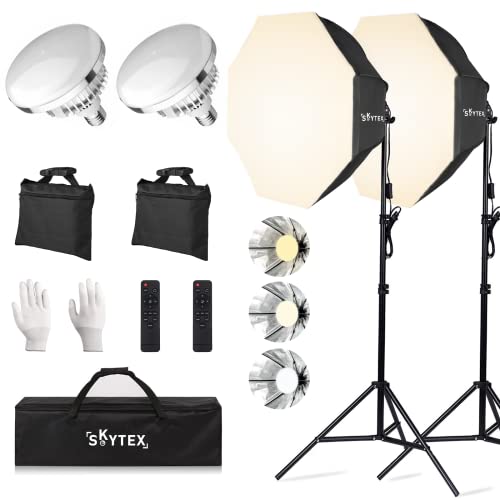 Octa Softbox Lighting Kit, Skytex Upgrade Continuous Photography Lighting Kit with sandbags, 28In Diameter Octa Soft Box | 135W 2700-6400K LED Bulb, Studio Lights for Photo Shooting, Video Recording