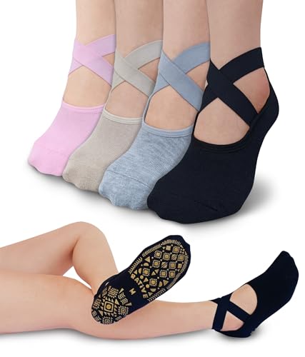 RATIVE X-Cross Anti Slip Non Skid Barre Yoga Pilates Hospital Socks with grips for Adults Men Women (Small, 4-pairs/Solid Assorted)