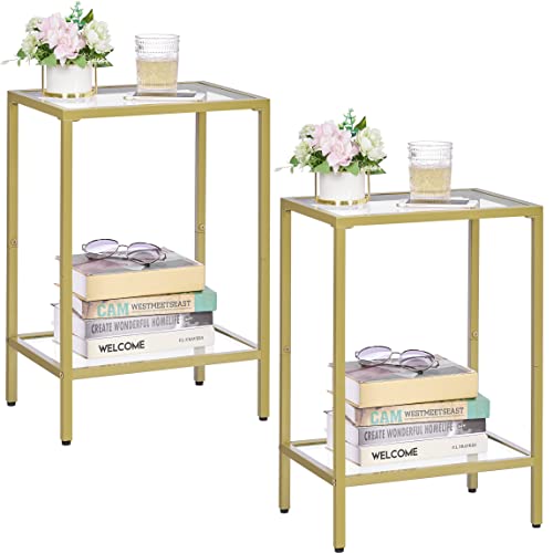 HOMSHO Side Tables Set of 2, End Tables with Tempered Glass, 2-Tier Nightstands with Storage Shelves, Slim Sofa Table for Living Room, Bedroom (2, Golden)