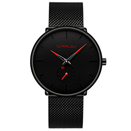 Mens Watches Ultra-Thin Minimalist Waterproof-Fashion Wrist Watch for Men Unisex Dress with Stainless Steel Mesh Band-Red Hands