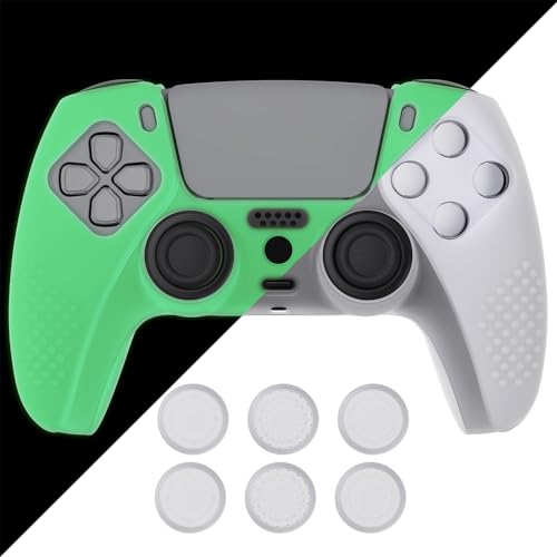 eXtremeRate PlayVital 3D Studded Edition Glow in Dark - Green Anti-Slip Silicone Cover Skin for ps5 Controller, Soft Rubber Case Protector for ps5 Wireless Controller with Thumb Grip Caps