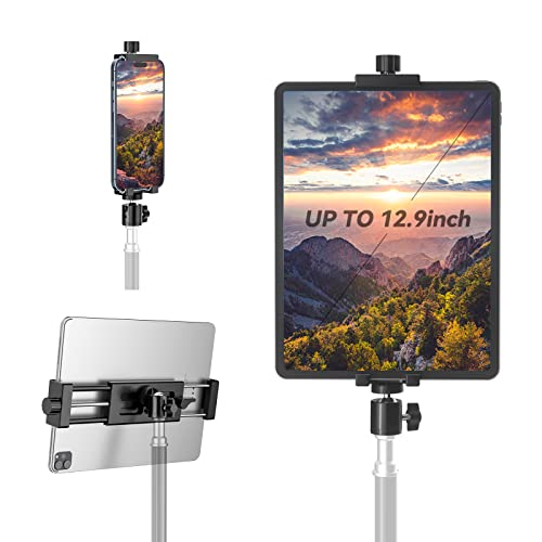 iPad Tripod Mount Adapter with Ball Head, Fully Metal iPad Holder for Tripod, Phone Tablet Mount Stand Compatible with iPad Pro 12.9, iPad Air 2 3 4, iPad Mini, Galaxy Tab, iPhone (4-15”)