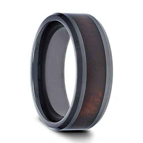 Eternal Tungsten Sequoia Men's Black Ceramic Wedding Band Redwood Inlaid Ring with Beveled Edges - 8mm