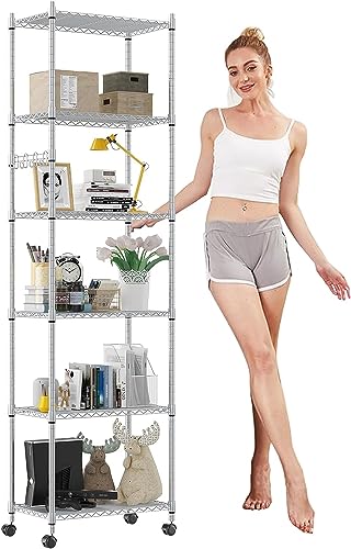 Devo Shelves for Storage Rolling Wire Rack, Shelf with Wheels Shelving Units and Storage, Metal Standing Shelves, 21' L * 11' W * 63' H, Silver