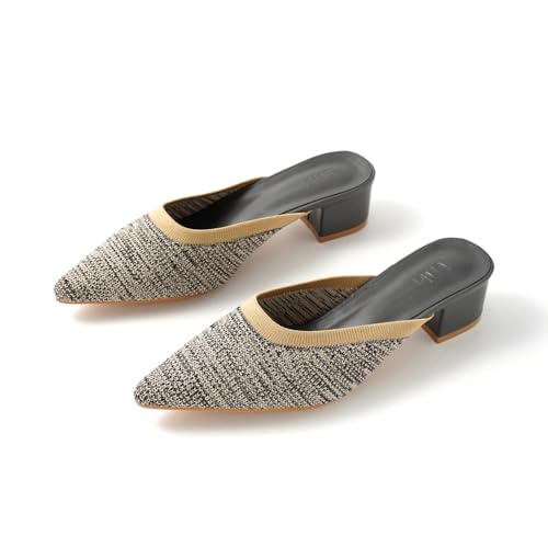 TIJN Heels,Pointed Toe Mules for Momen with Low Heel, Breathable Mesh Knit Slip On Flat Sandals,Helka,8