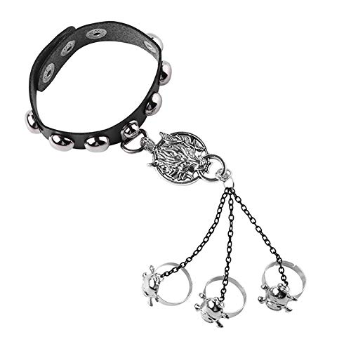 QIAN0813 Vintage Gothic Leather Animal Finger Adjustable Rings Set Steampunk Skull Wolf Head Charm Hand Chain Harness Slave Bracelets Bangle