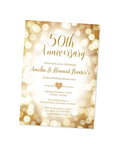 50th Wedding Anniversary Invitation, Golden Anniversary Invitation, Gold Bokeh Sparkle Anniversary Invite, Custom Personalized 50th Golden Wedding Anniversary Invitations