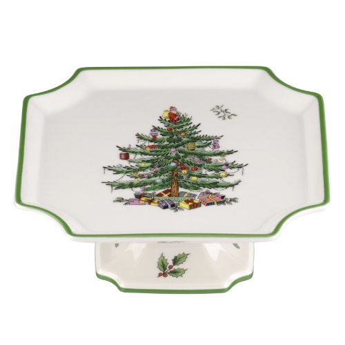 Spode Christmas Tree Footed Square Cake Plate | 6.5-Inch Footed Cake Stand for Parties, Cupcakes, and Dessert Display | Made of Fine Earthenware | Dishwasher Safe