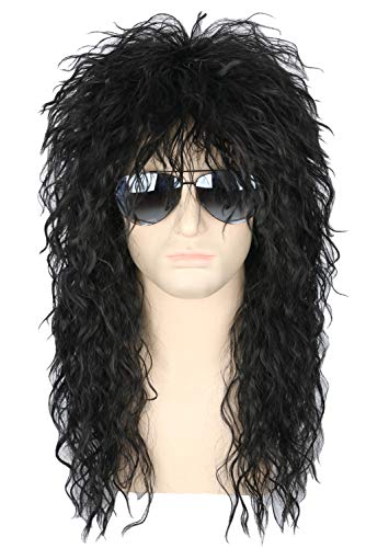 Topcosplay Men’s 80s Wig Black Mullet Wigs Halloween Costume Male Wig Punk Heavy Metal Rocker Wig Curly Long