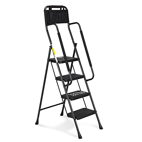 HBTower 4 Step Ladder with Handrails, 330 lbs Folding Step Stool with Attachable Tool Bag & Anti-Slip Wide Pedal for Home Kitchen Pantry Office, Black