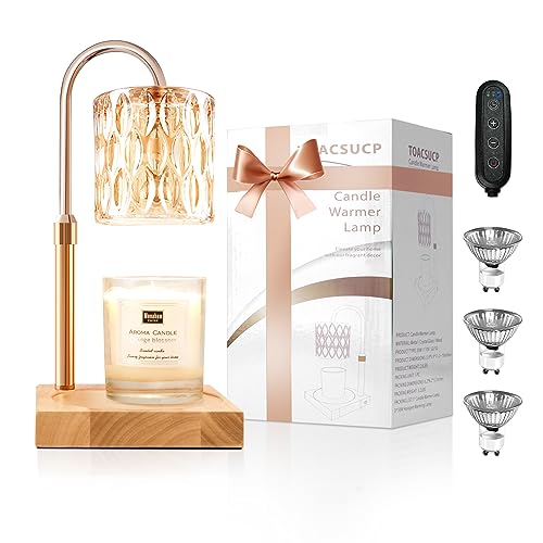 TOACSUCP Candle Warmer Lamp with 3 Bulbs, Adjustable Height Dimmable Candle Warmer with Timer, Compatible with Large Jar Candles, Candle Lamp with Charming Gift Box Ribbon for Her/Him(Natural Wood)