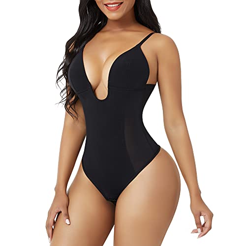 FeelinGirl Waist Trainer for Women Tummy Control Thong Shapewear Bodysuit Low Back Body Shaper Black XL