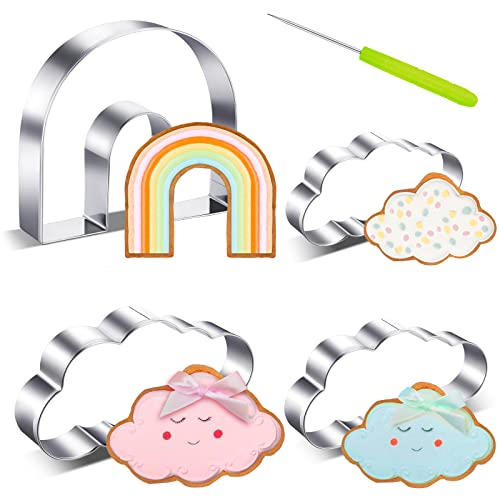 Metal Cookie Cutter Set Rainbow Cloud Cookie Cutters Stainless Biscuit Molds Fondant Cutter Set DIY Baking Pin 1st Birthday Cake Star Teddy Bear Moon Cookie Cutter for Kitchen Baking (Cool,5 Pcs)